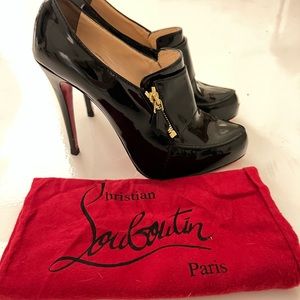 Christian Louboutin black patent platform bootie with gold zipper - size 40